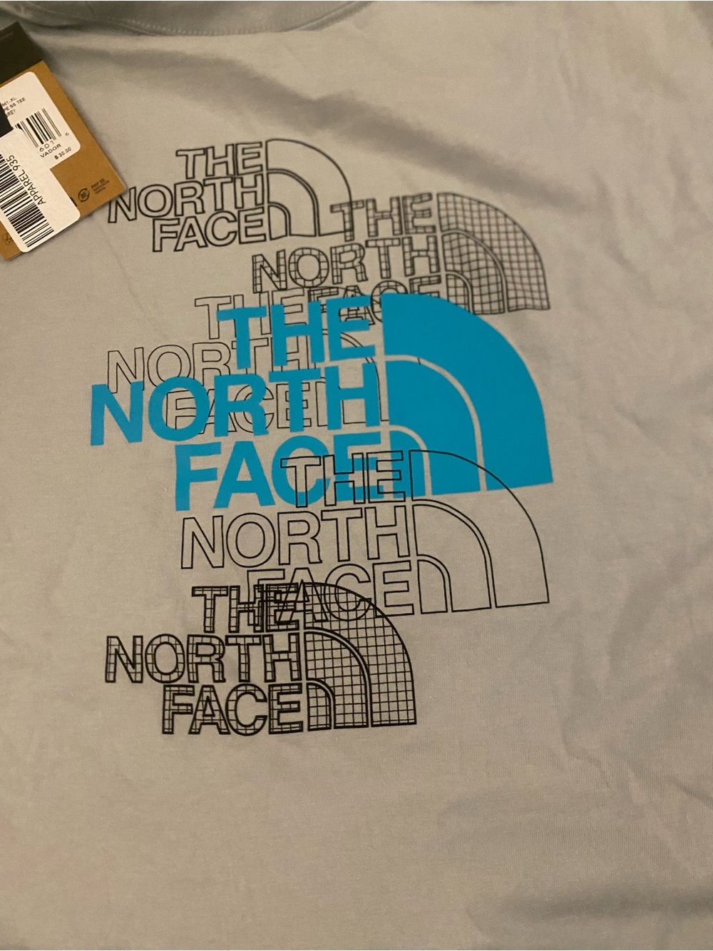 The North Face Men’s Light Gray Tee with Teal Logo Stack xl